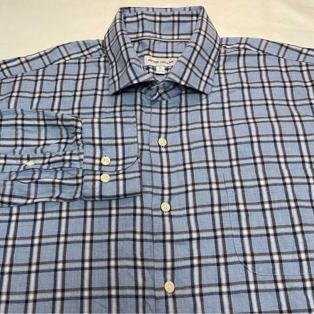 Peter Millar Shirt Blue Brown White Plaid Long Sleeve Button Up Men’s XL